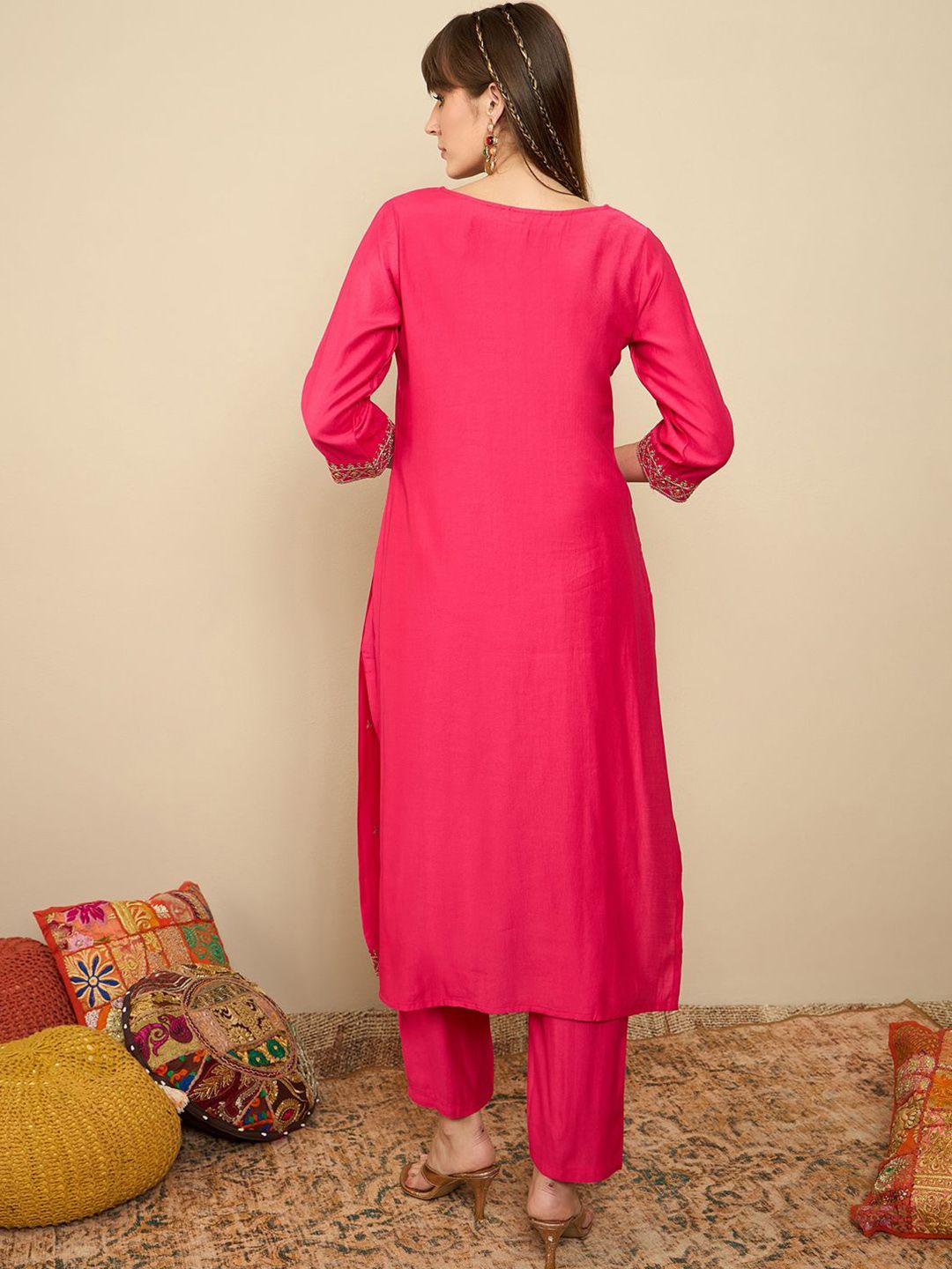 Indo Era Floral Embroidered Liva Straight Kurta With Trousers