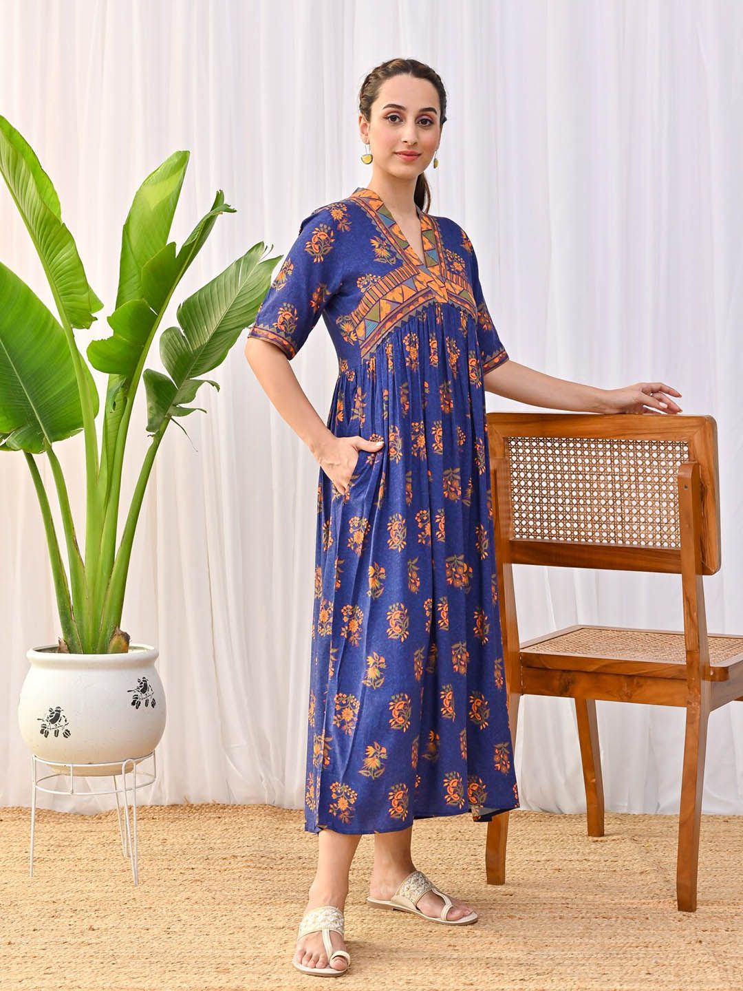 Rustorange Floral Printed V-Neck Gathered A-Line Midi Ethnic Dress