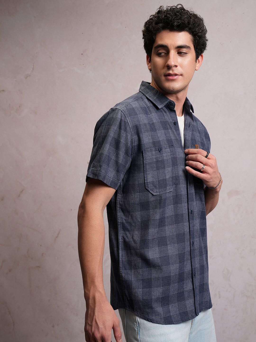 Locomotive Men Blue Linen Blend Checked Utility Pocket Regular Shirt