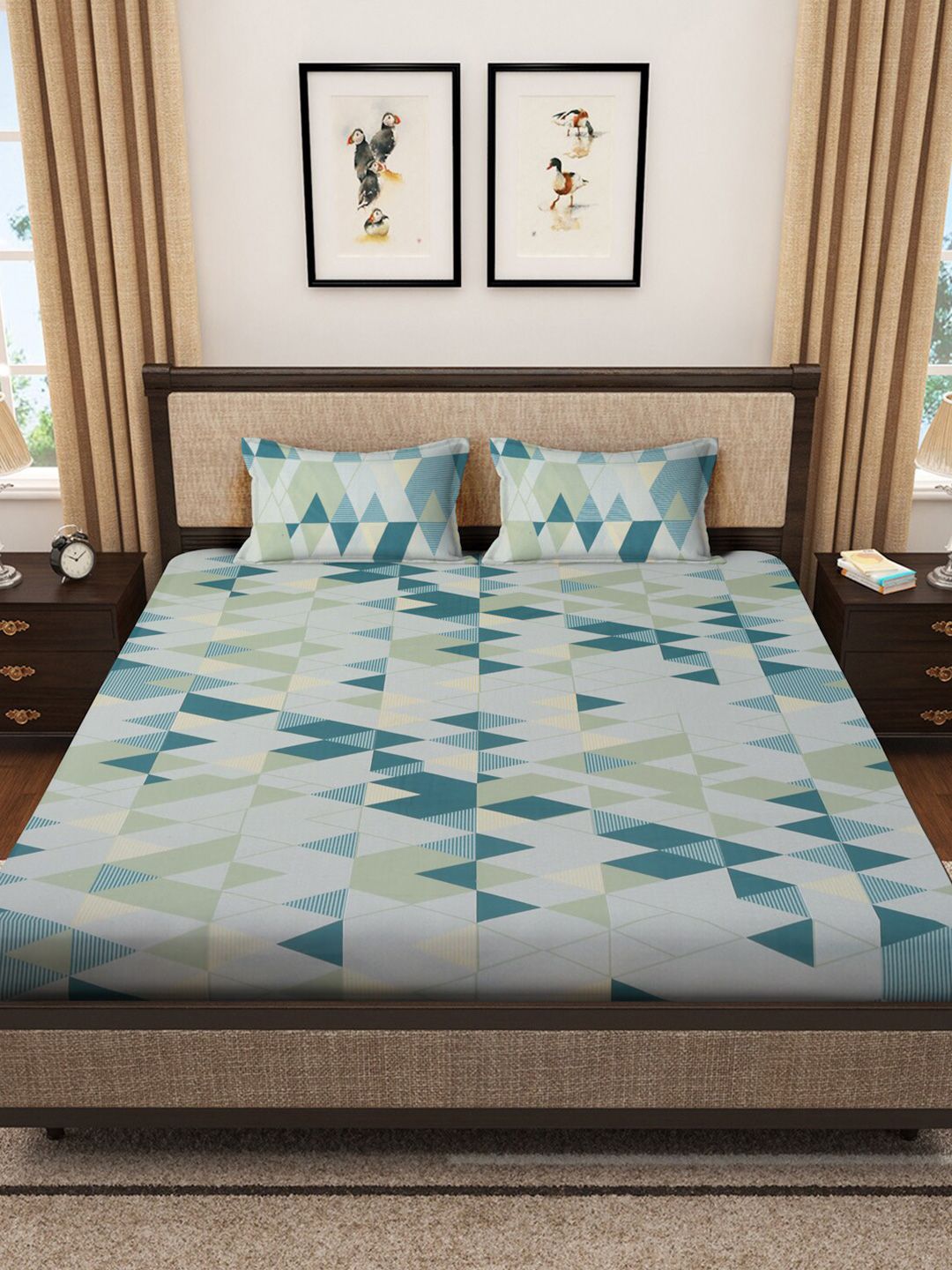 KLOTTHE Blue Geometric Pure Cotton 400 TC King Superfine Bedsheet dengan 2 Sarung Bantal-98 x 89 inci