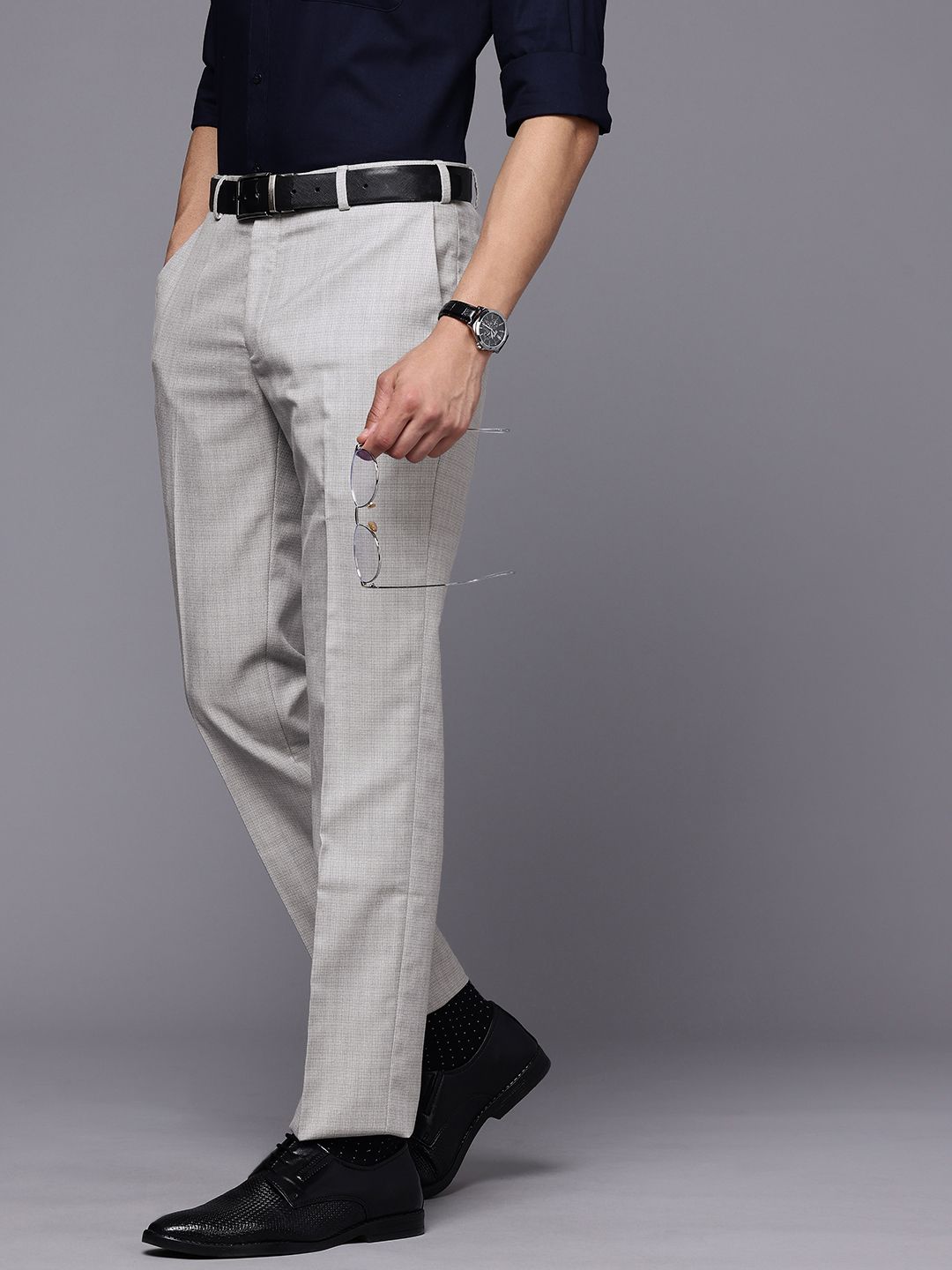 Raymond Men Slim Fit Self-Design Checked Formal Trousers