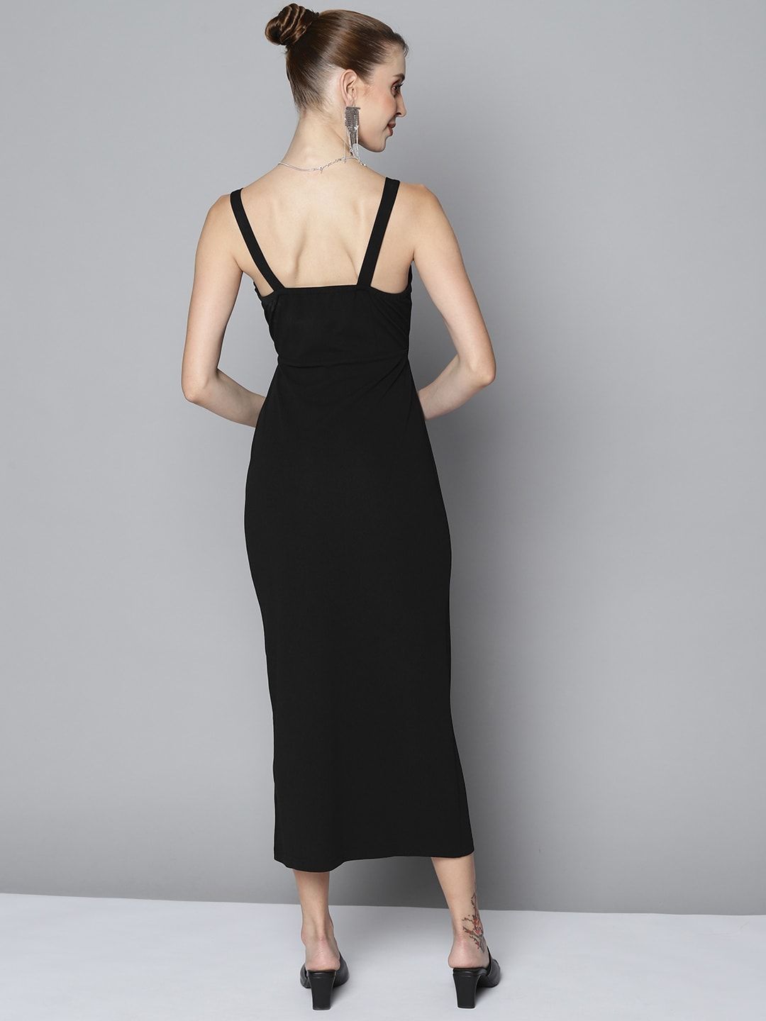 SASSAFRAS Women Black Textured Sheath Midi Dress