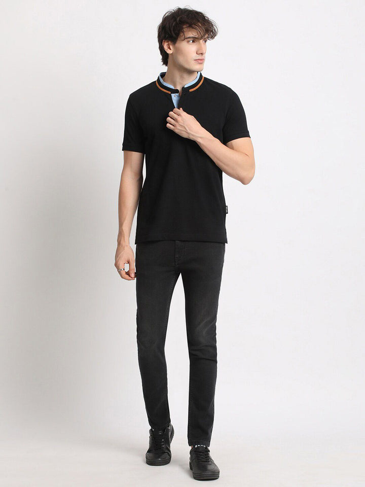 THE BEAR HOUSE Mandarin Collar Cotton Slim Fit T-shirt