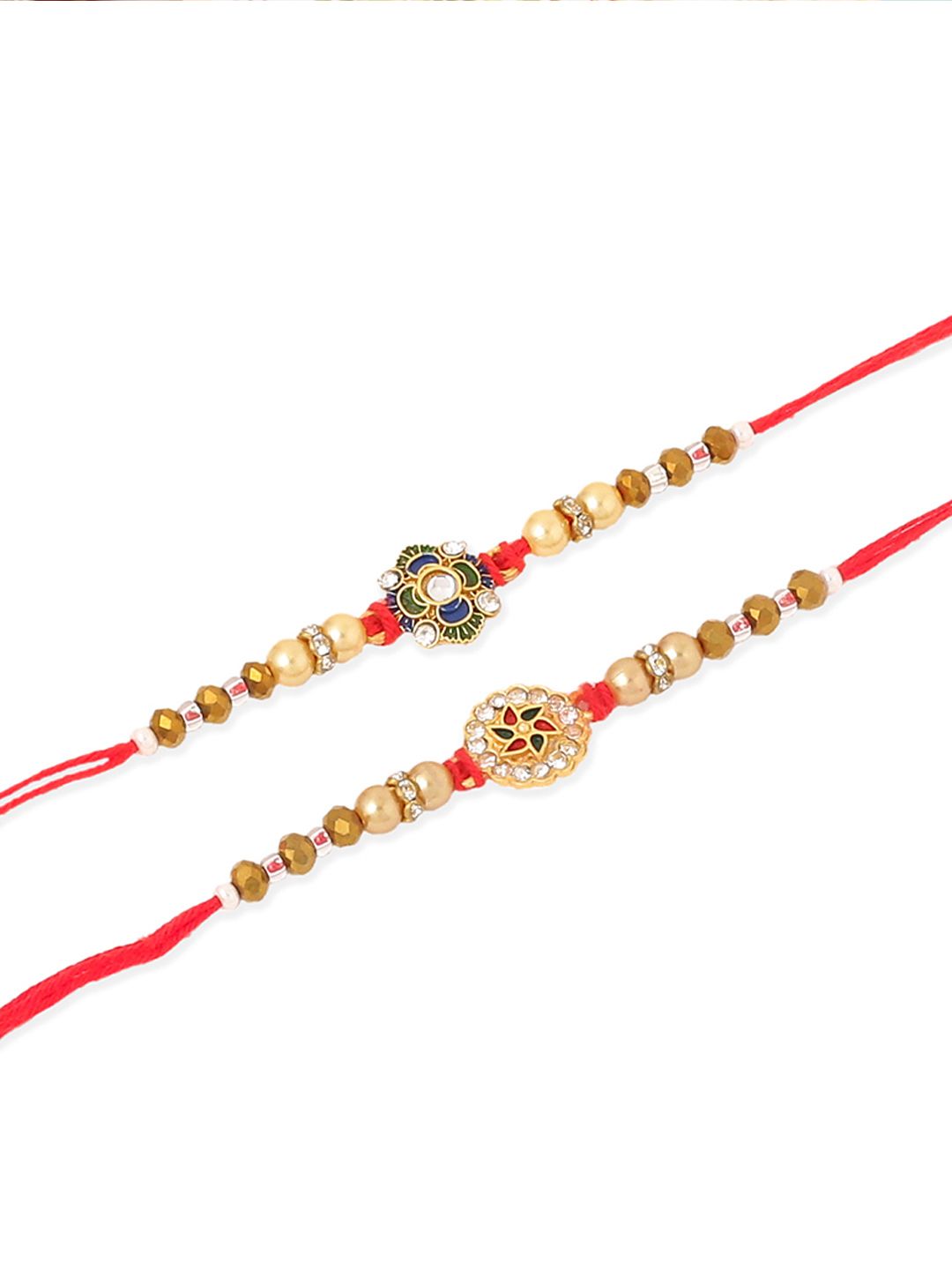 NVR Unisex Set of 2 Artificial Stones & Beads Thread Rakhi With Roli Chawal Chandan Mishri
