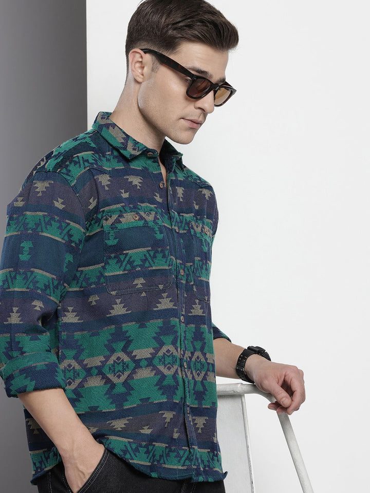The Indian Garage Co Self Design Geometric Jacquard Relaxed Fit Shirt