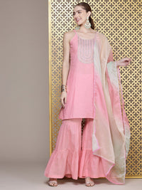 House of Pataudi Women Floral Yoke Design Pure Cotton Jashn Kurta with Sharara & Dupatta