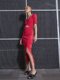SASSAFRAS Red Cut-Out Detailed Midi Sheath Dress