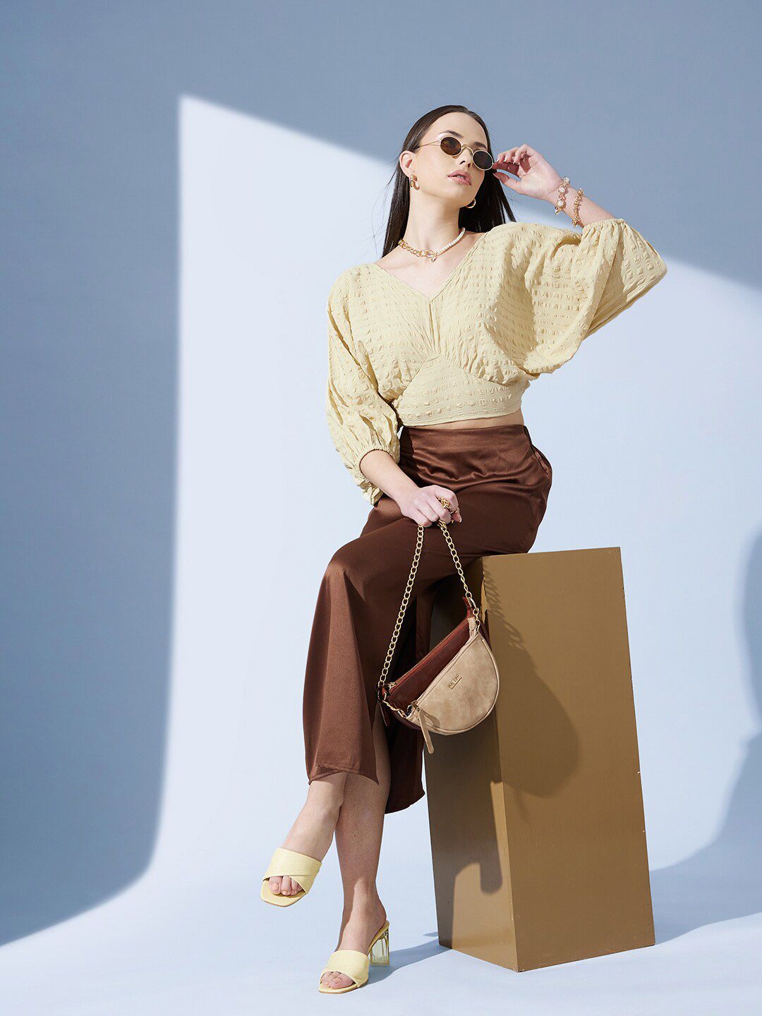 STREET 9 Self Design Puffed Sleeves Jacquard Crop Empire Top