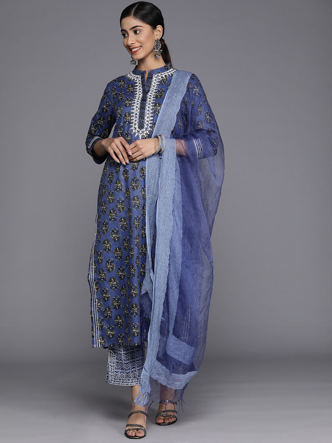 Varanga Women Floral Printed Mirror Work Pure Cotton Kurta With Trousers & With Dupatta