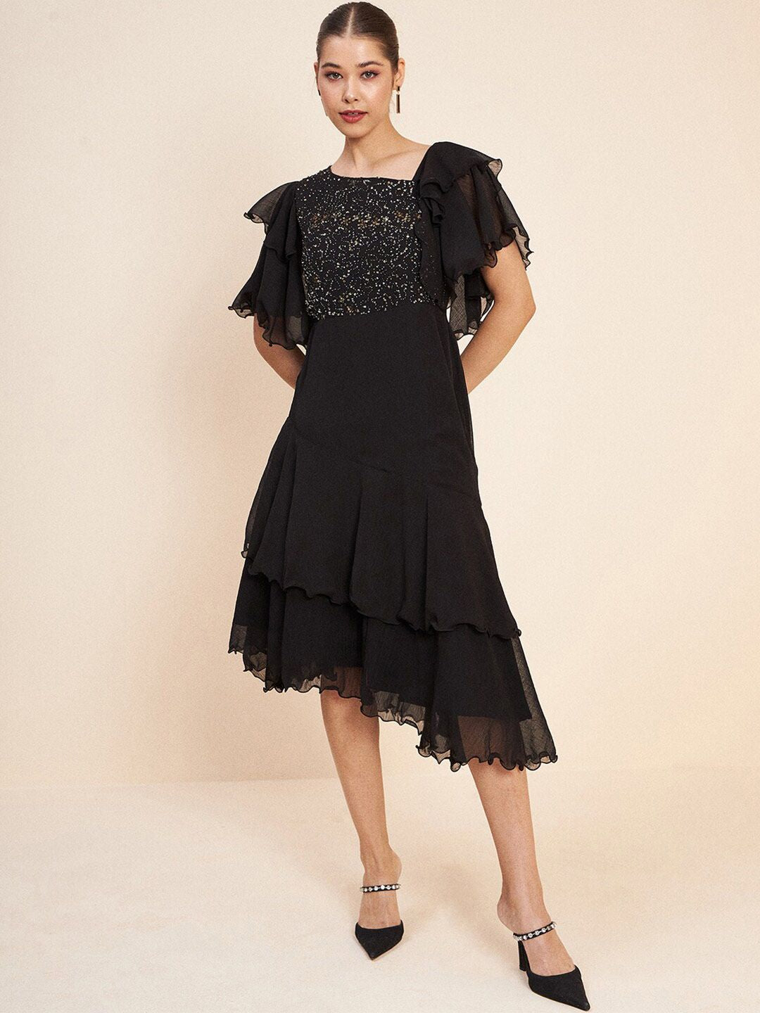 Antheaa Black V-Neck Flutter Sleeve Embellished Detail Fit & Flare Dress