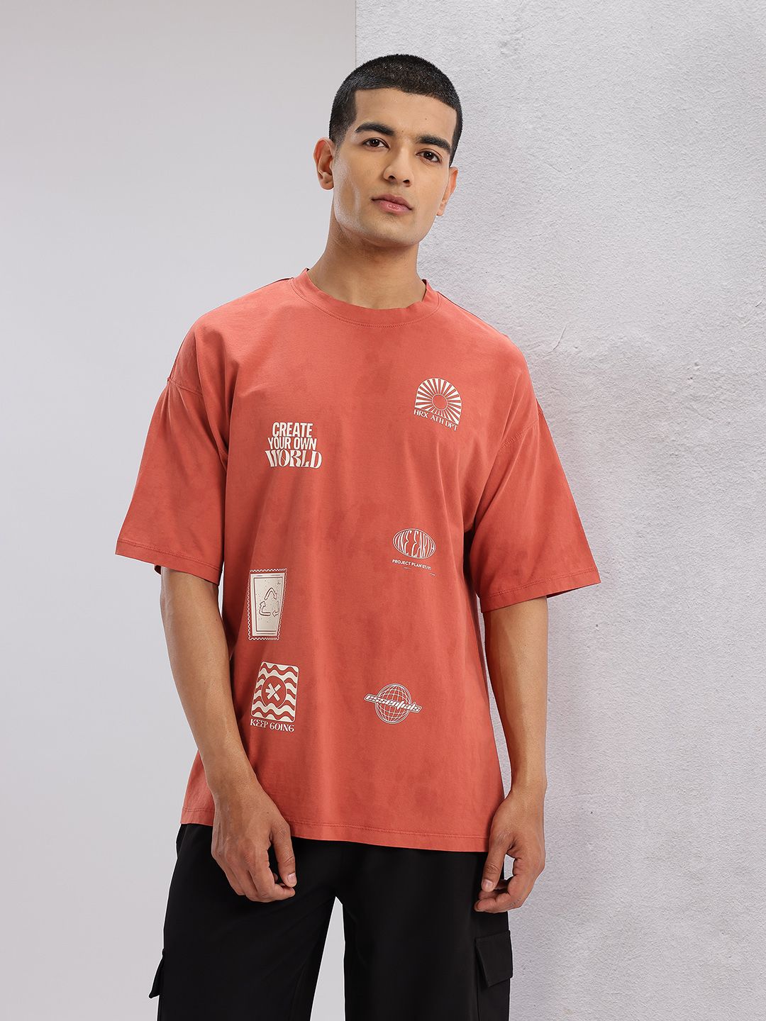 HRX by Hrithik Roshan Printed Drop-Sleeves Pure Cotton Oversized Lifestyle T-shirt