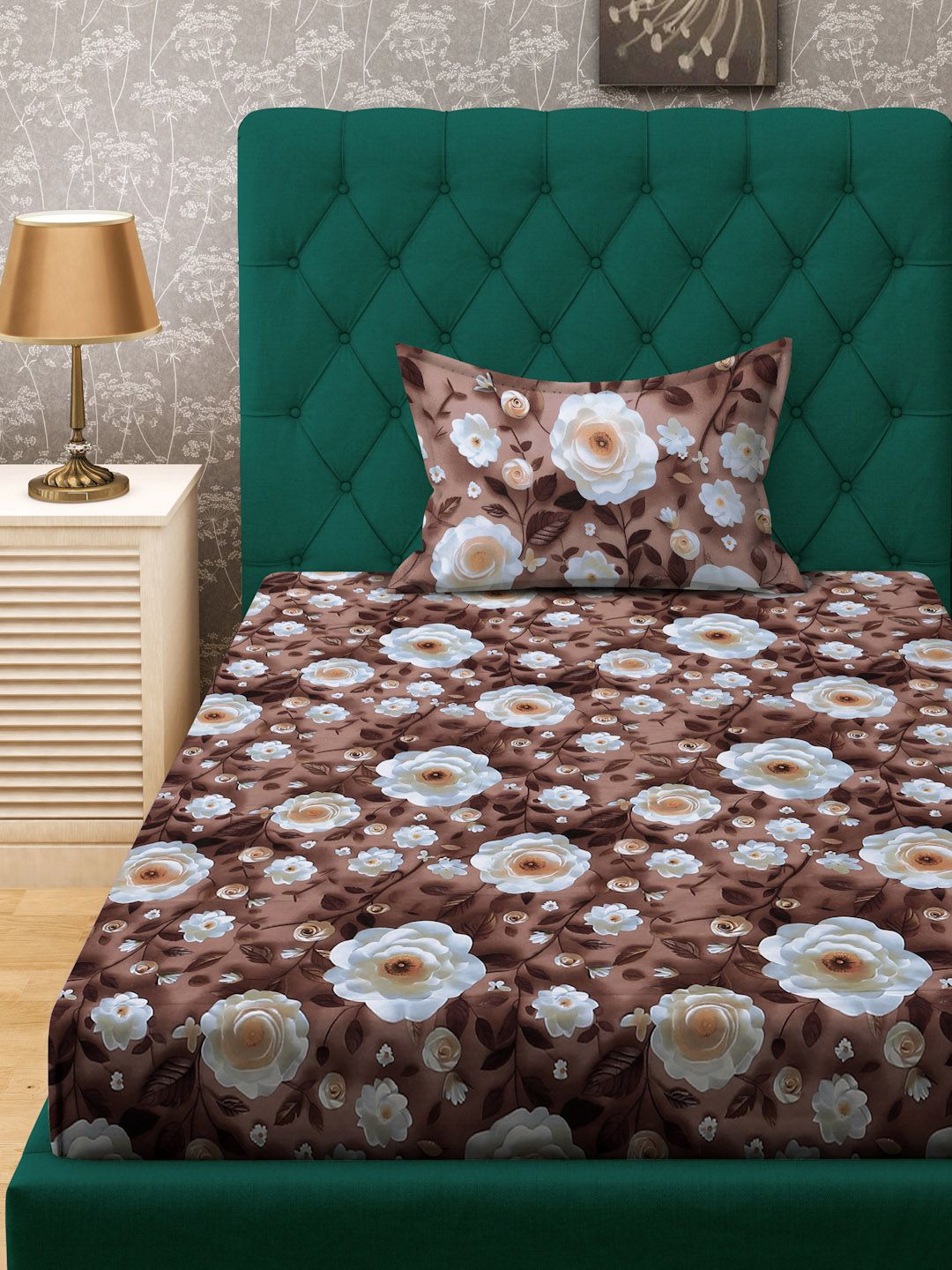 KLOTTHE Brown & White Floral Printed Fitted 300TC Single 7D Bedsheet With Pillow Cover