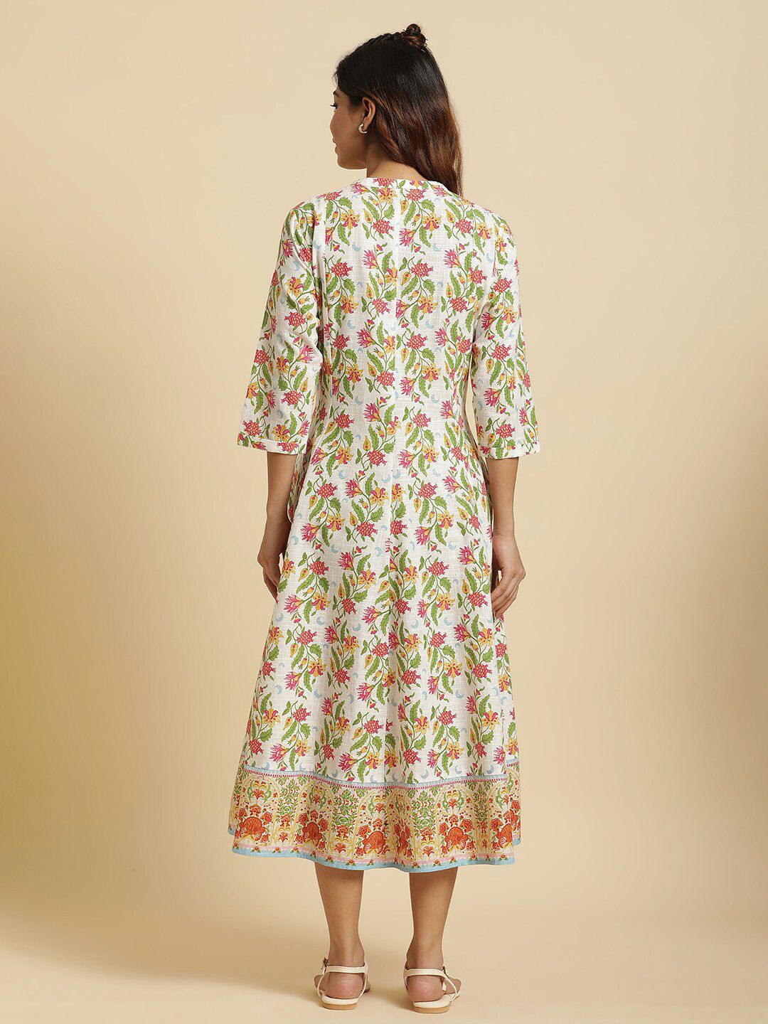 W White Floral Printed Pure Cotton A-Line Midi Dress