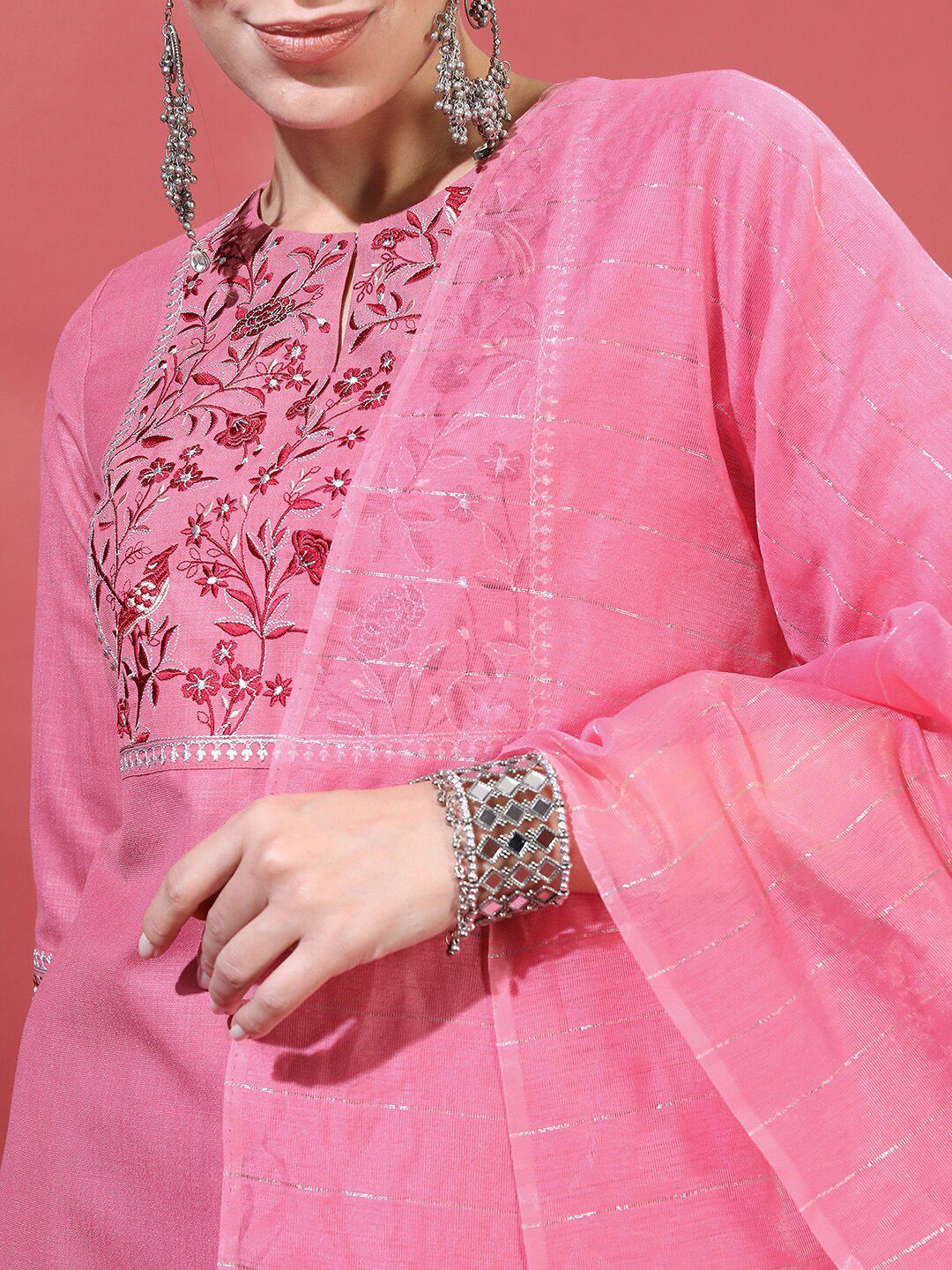 Vishudh Women Rose Yoke Design Thread Work Kurta with Trousers