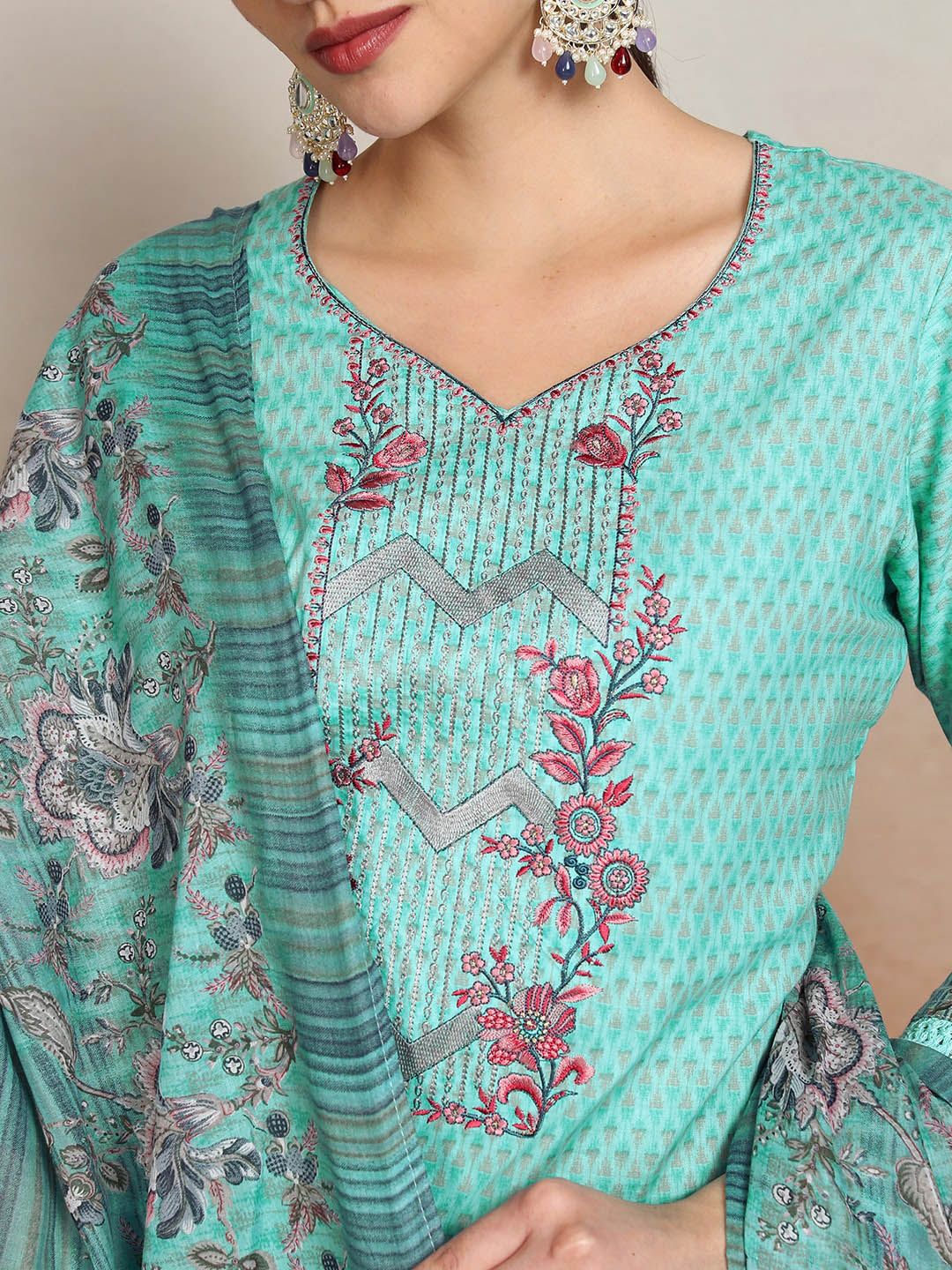 Vishudh  Ethnic Motifs Embroidered Pure Cotton Straight Kurta & Trousers With Dupatta