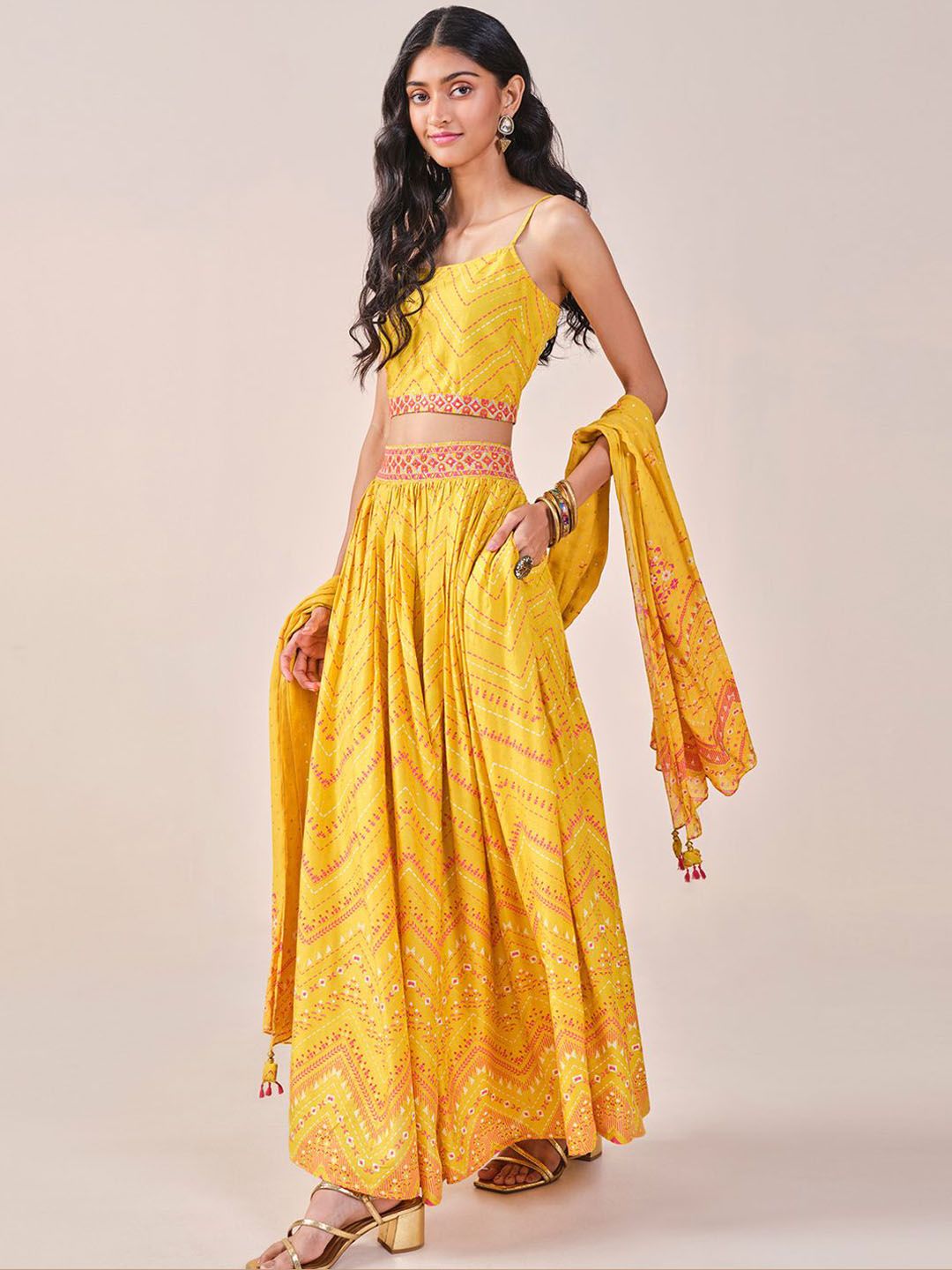 Global Desi Geometric Printed Sleeveless Top Skirt & Dupatta