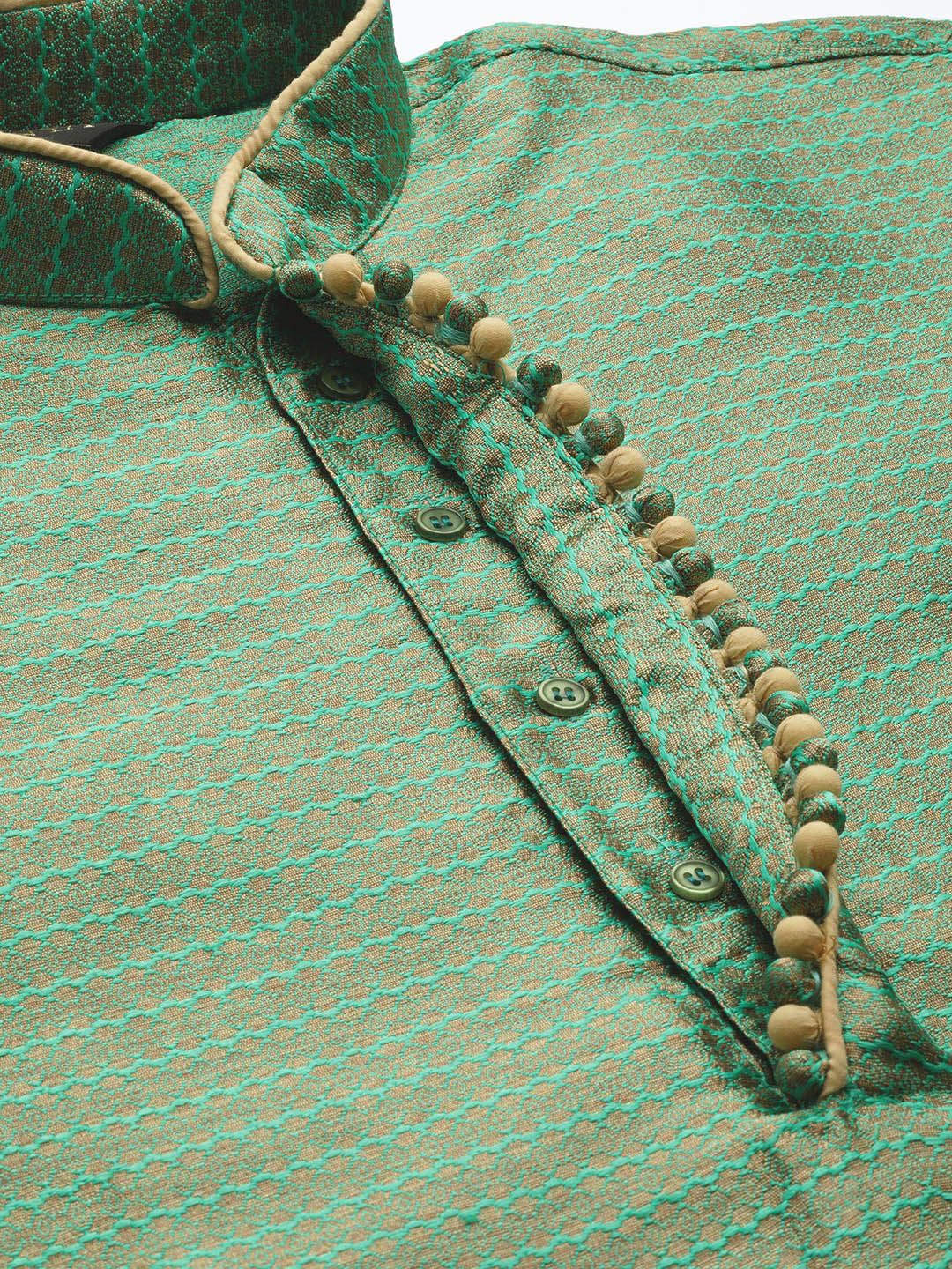 SOJANYA Men Green & Golden Woven Design Kurta Lurus