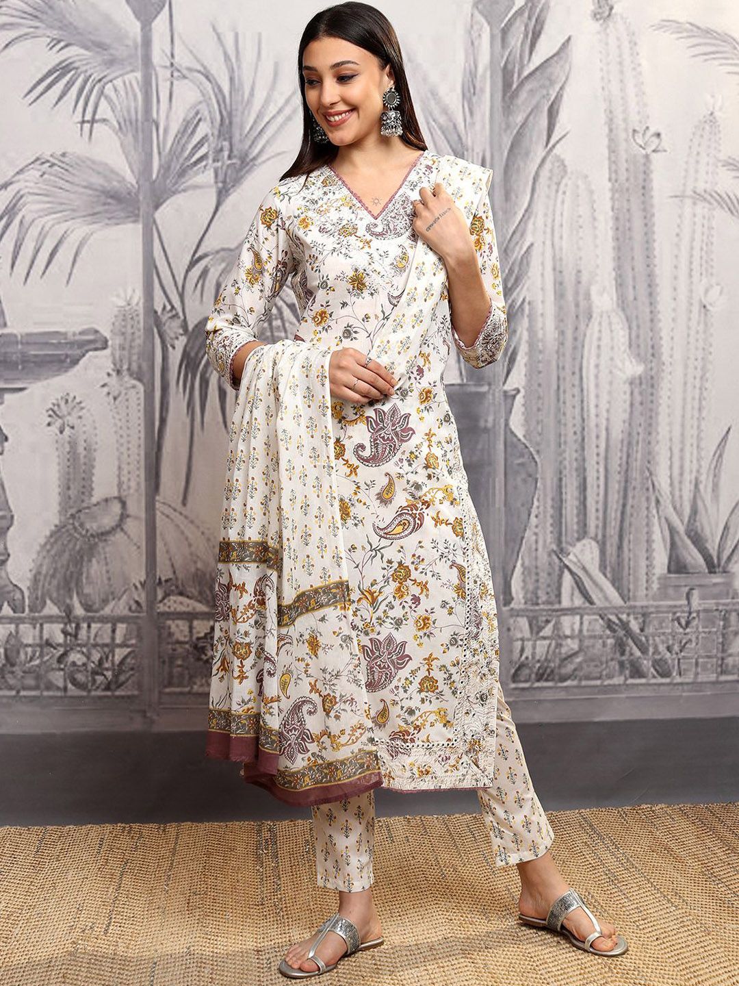 Vishudh Women Ethnic Motifs Printed Regular Pure Cotton Kurta with Trousers & With Dupatta