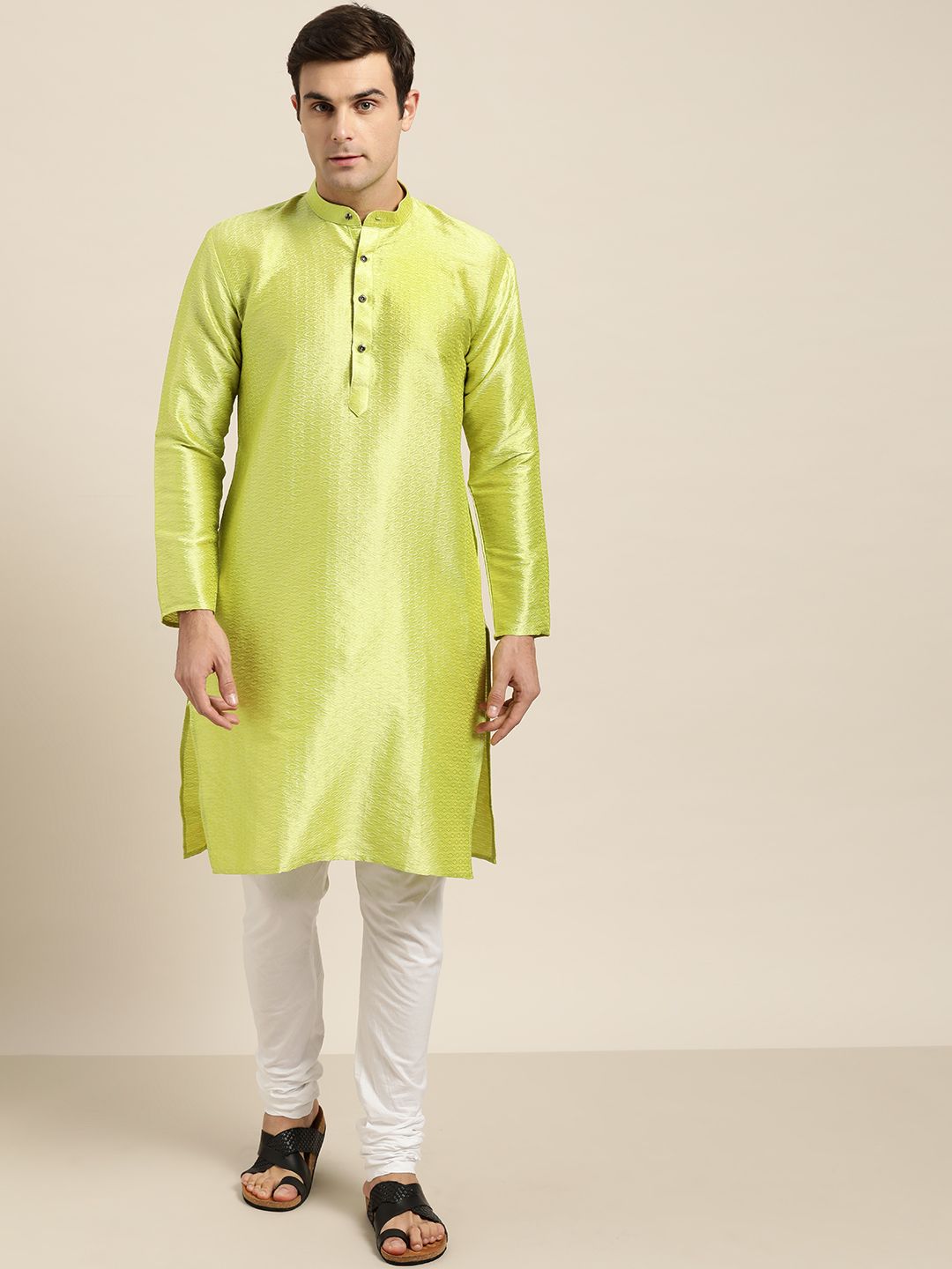 SOJANYA Men Green Woven Design Straight Kurta