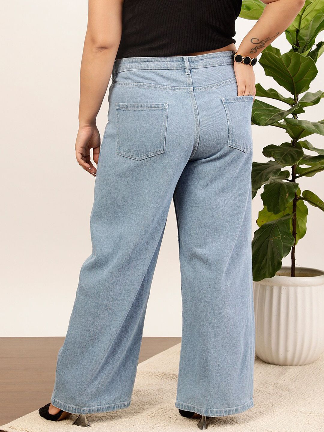 CURVY STREET Women Plus Size Blue Mid-Rise Clean Look Pure Cotton Wide Leg Jeans