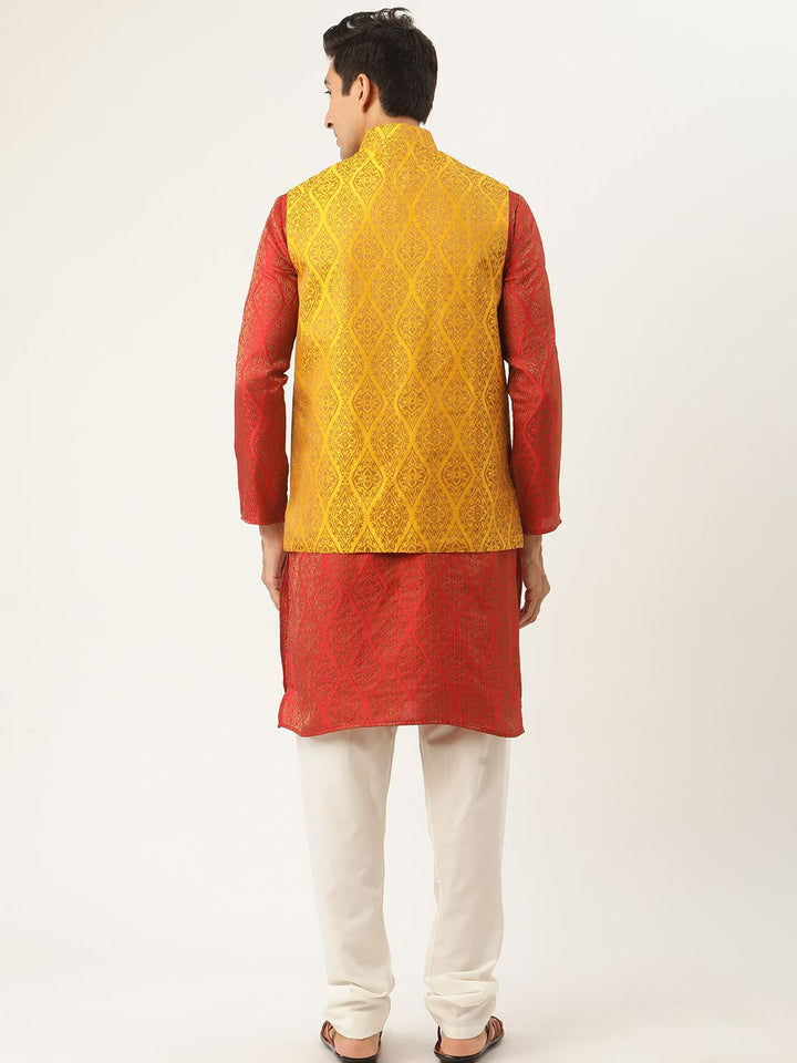 SOJANYA Men Red Ethnic Motifs Jacquard Silk Kurta with Churidar & Nehru Jacket