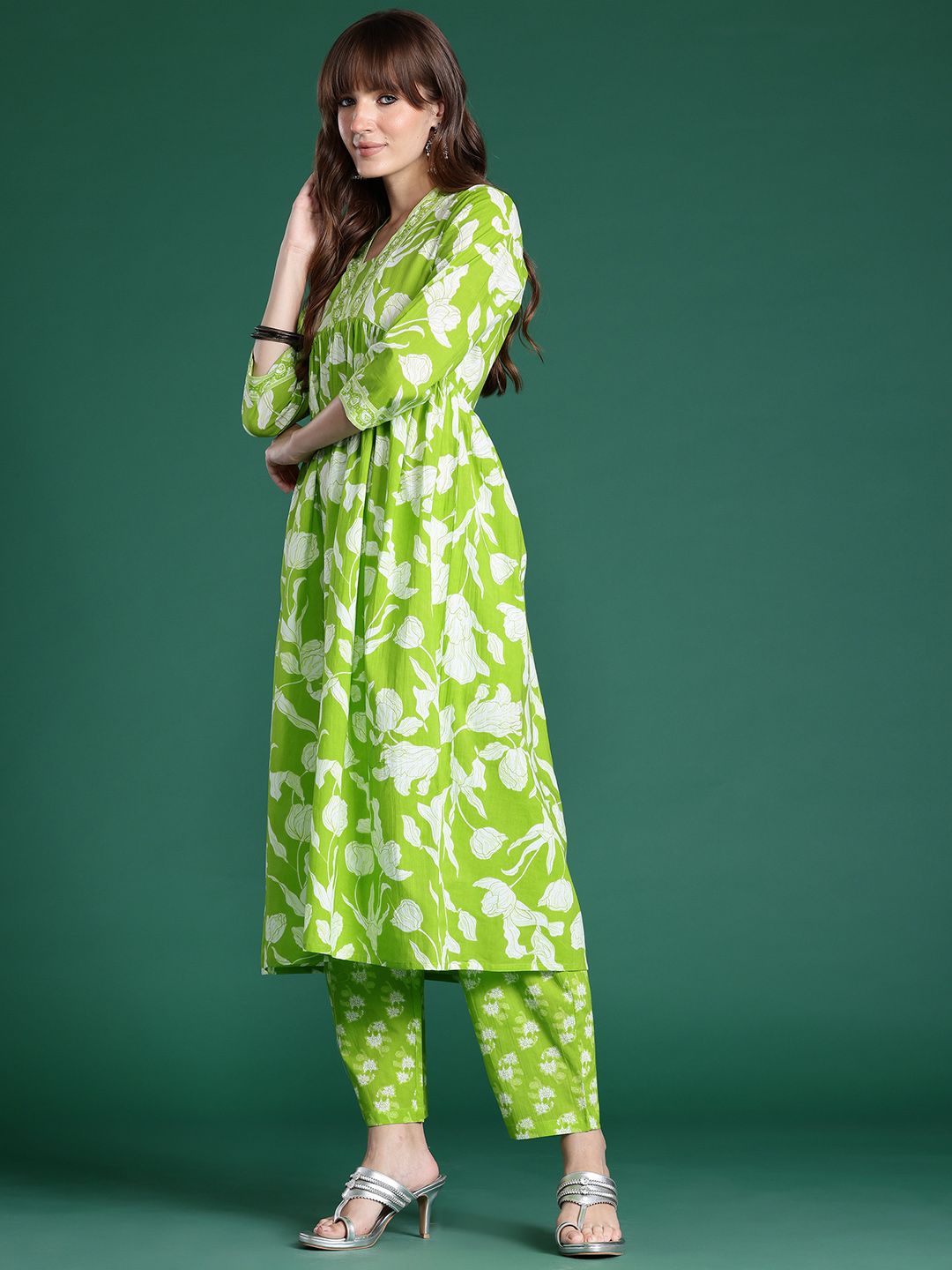 Indo Era Floral Printed Empire Sequinned Pure Cotton Kurta with Trousers