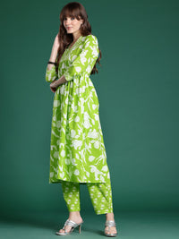 Indo Era Floral Printed Empire Sequinned Pure Cotton Kurta with Trousers