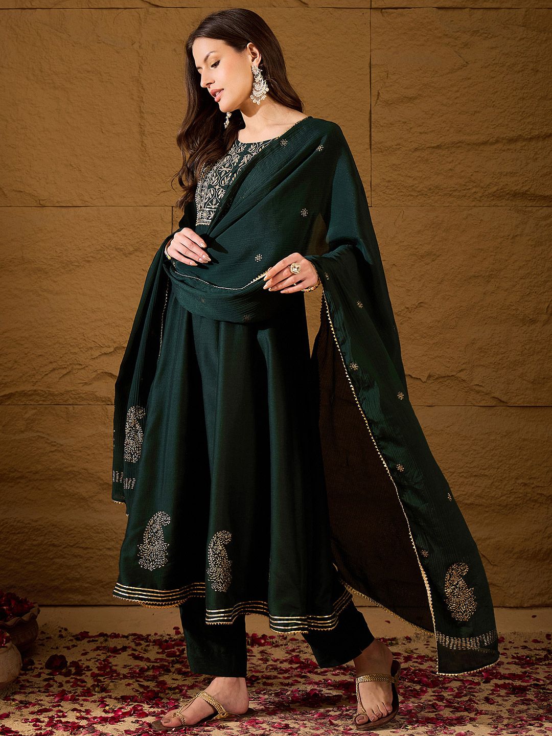 KALINI Ethnic Motifs Embroidered Round Neck Sequinned Empire Kurta With Trouser & Dupatta