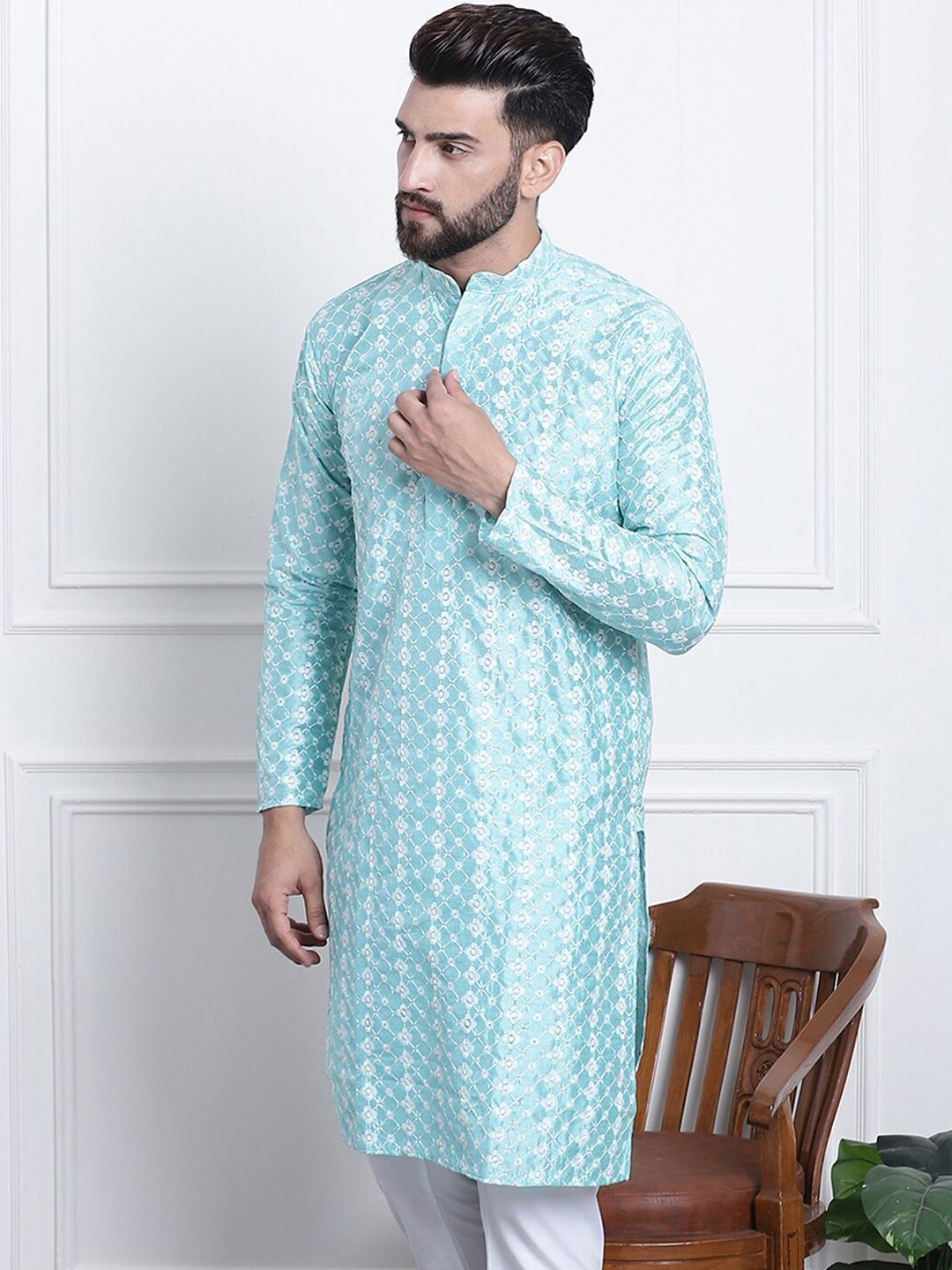 SOJANYA Kurta Lurus Kolar Band Sulam Bunga