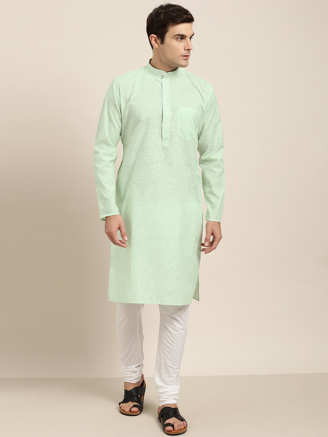 SOJANYA Men Sea Green & White Striped Straight Kurta
