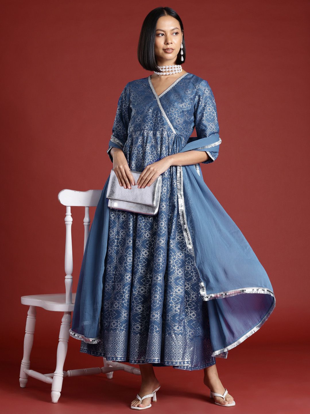 all about you Block Print Wrap Midi Ethnic Dress with Dupatta