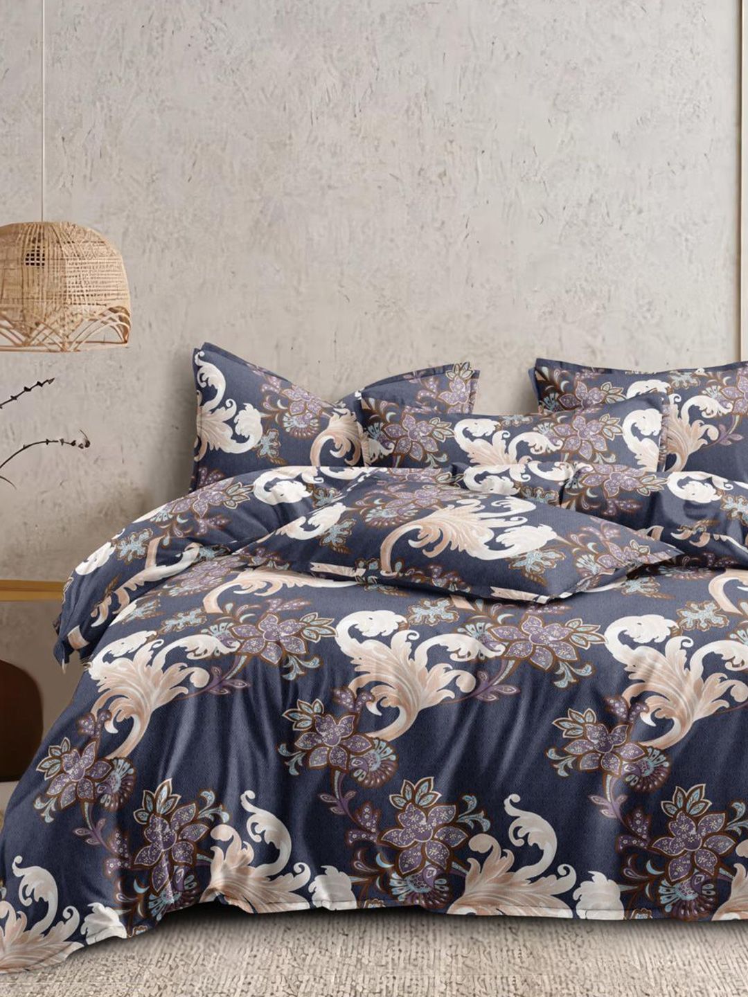 Cortina Glazed Cotton Navy Blue Paisley  140 TC King Bedsheet with 2 Pillow Covers