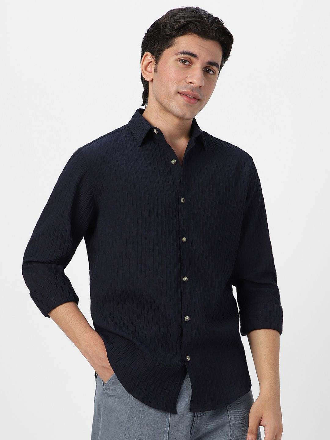 Urbano Fashion Men Spread Collar Textured Cotton Casual Shirt