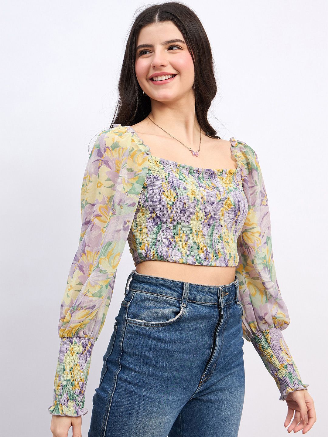 Berrylush Floral Print Bishop Sleeves Georgette Crop Top