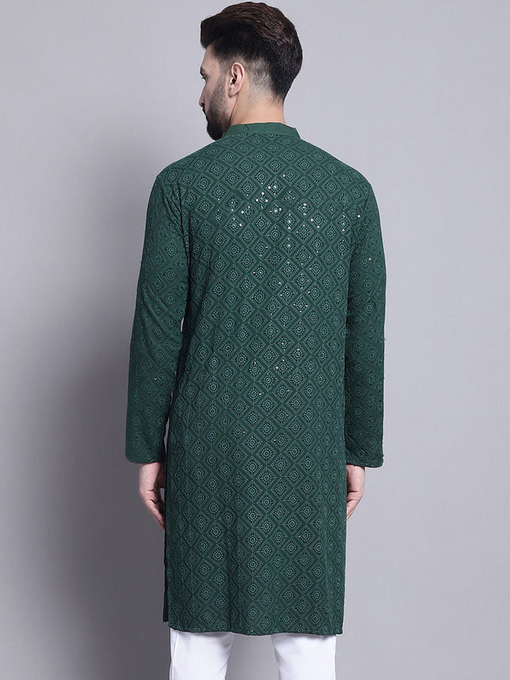SOJANYA Turutan Sulam Geometrik Kolar Mandarin Kurta Kapas Tulen
