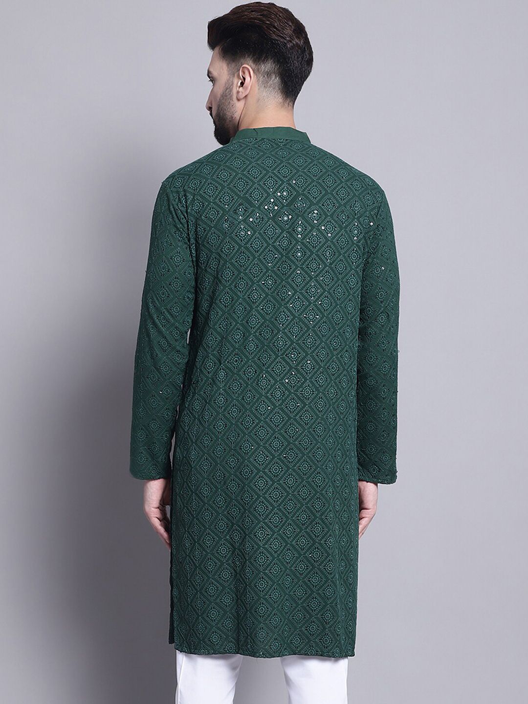 SOJANYA Turutan Sulam Geometrik Kolar Mandarin Kurta Kapas Tulen