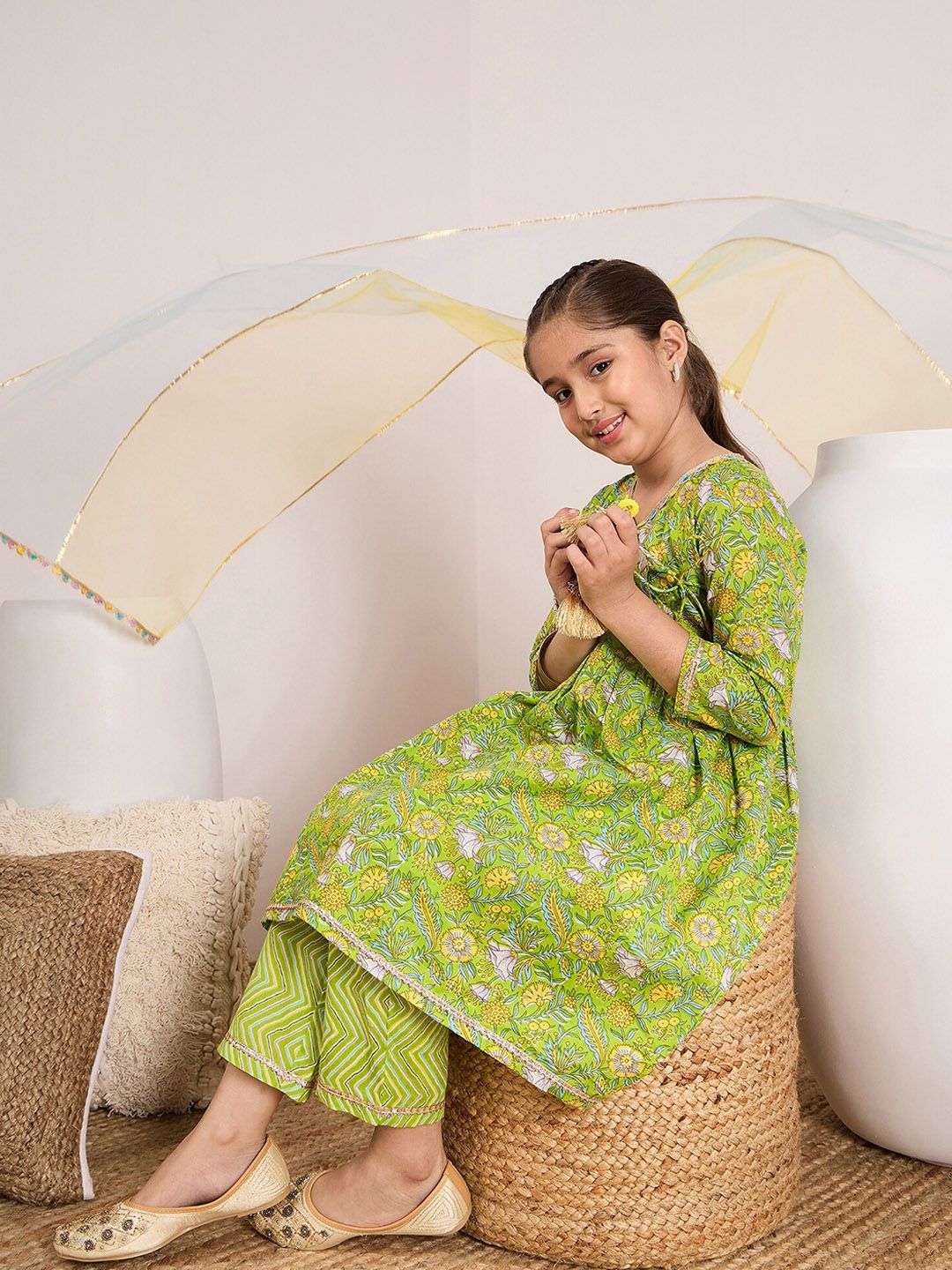 pspeaches Girls Ethnic Motifs Printed Angrakha Pure Cotton Kurta with Trousers & Dupatta