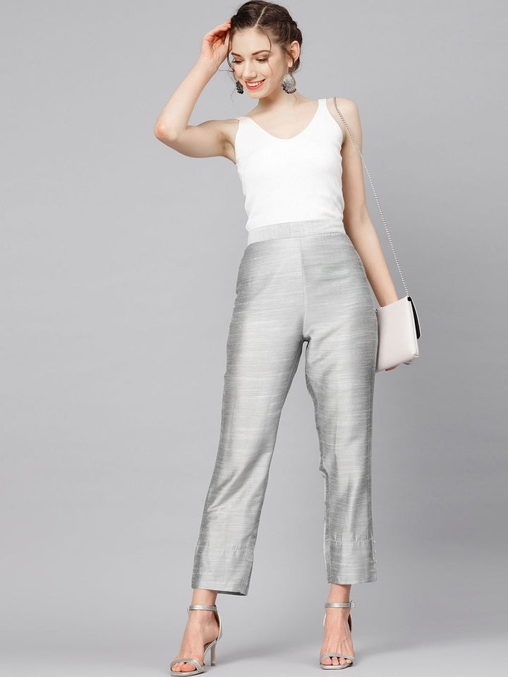 Varanga Women Silver Silk Regular Cropped Trousers