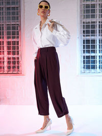 SASSAFRAS Women Burgundy Mid-Rise Pleated Culottes Trousers