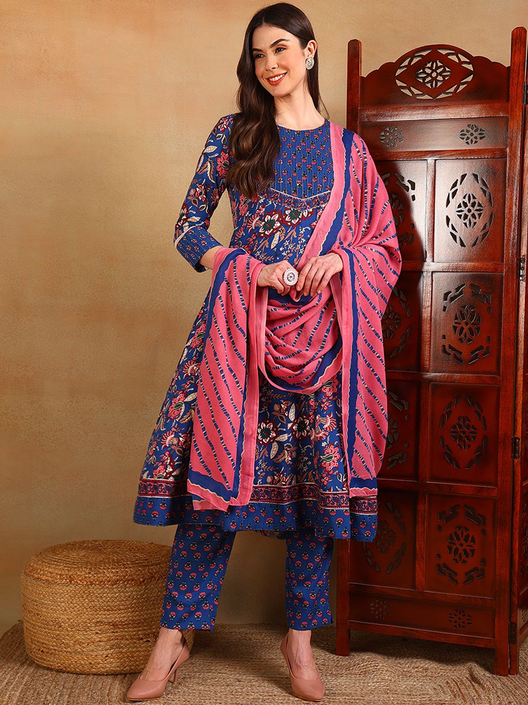 KALINI Ethnic Motifs Printed A-Line Kurta With Trousers &  Dupatta