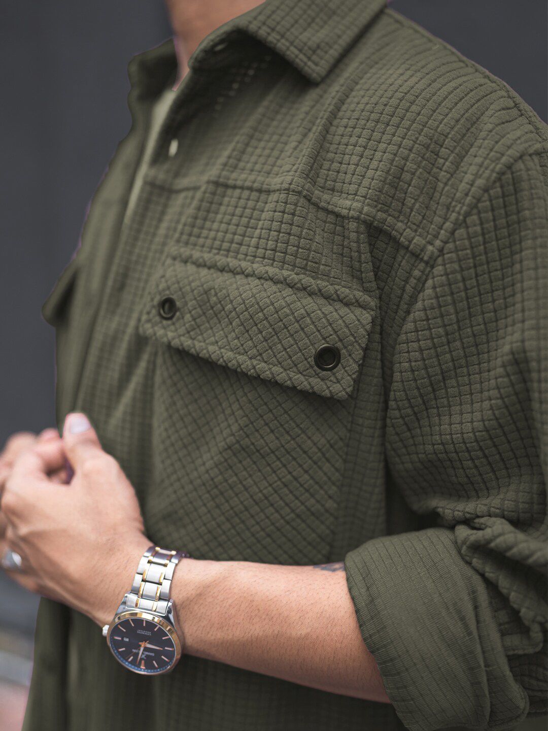 Powerlook Olive Green India Slim Textured Oversized Spread Collar Casual Shirt