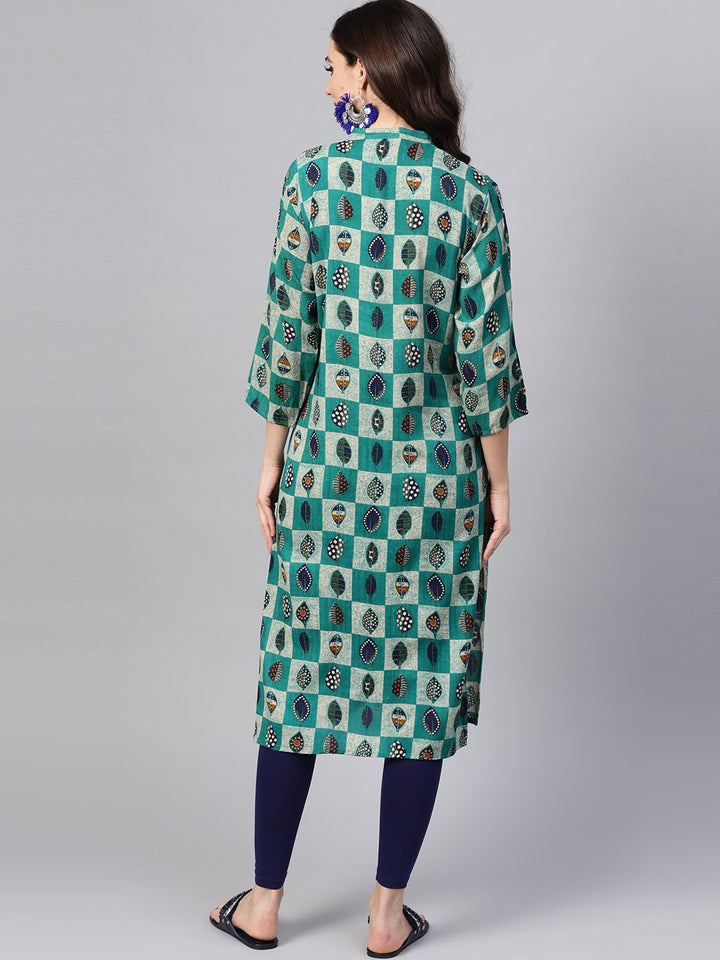 SOJANYA Women Green & Beige Checked Straight Kurta