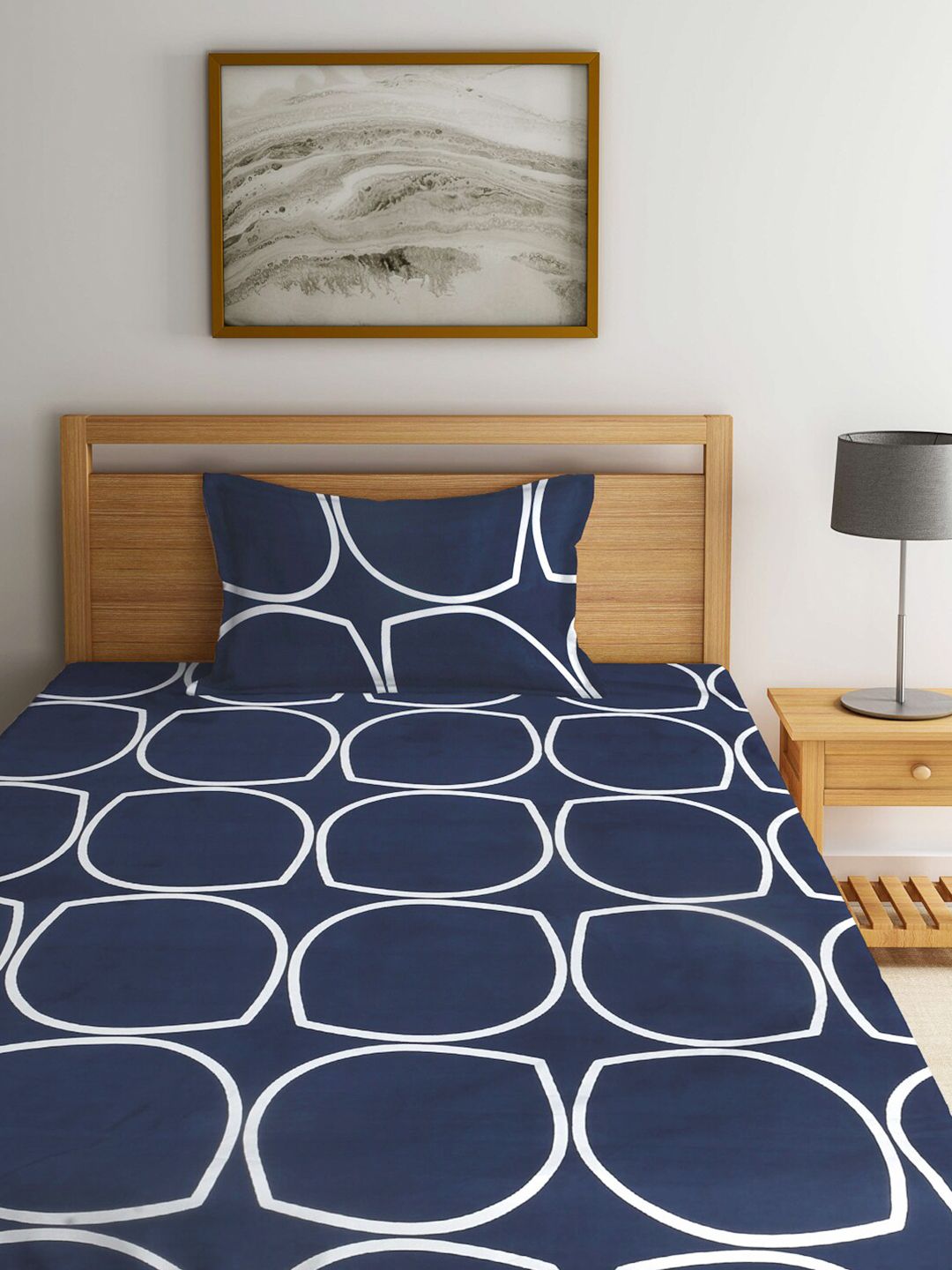 KLOTTHE Blue Geometric Cotton 300 TC Single Cadar Halus dengan Sarung Bantal-87 x 59 inci
