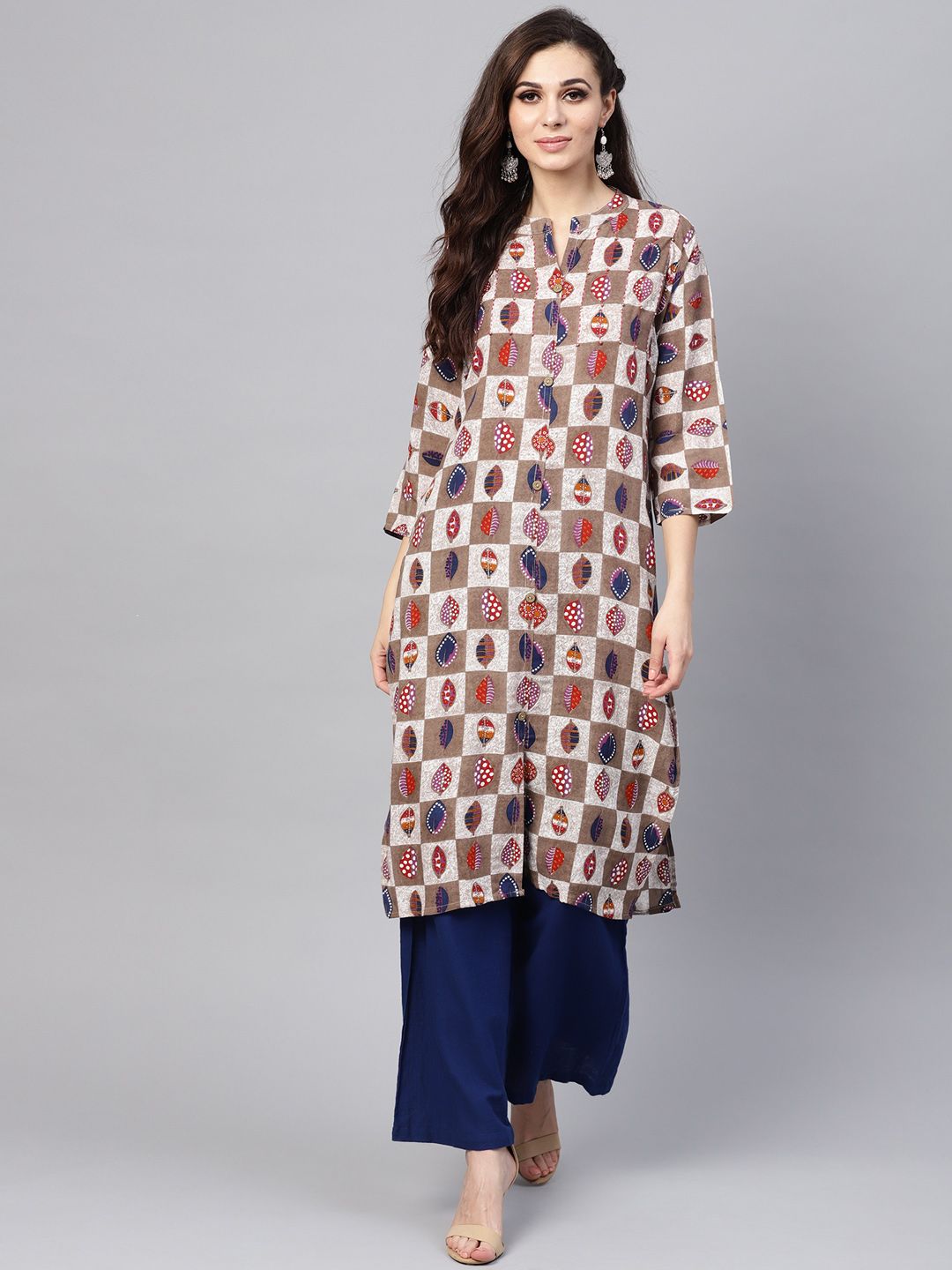 SOJANYA Kurta Lurus Bercetak Taupe & Putih