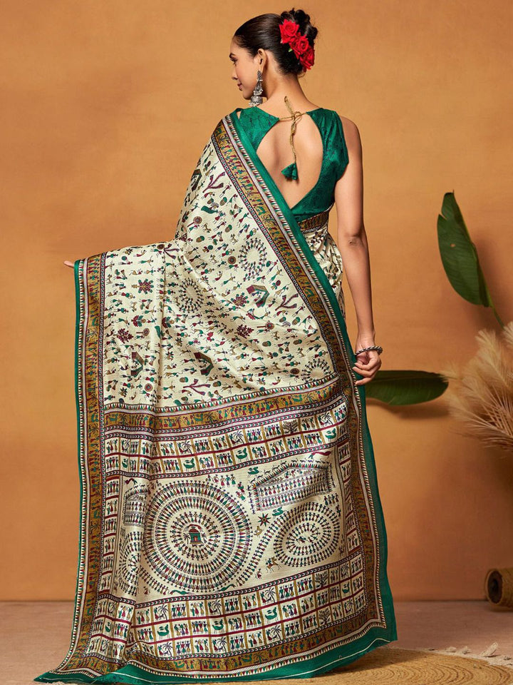 KALINI Warli Art Silk Block Print Saree