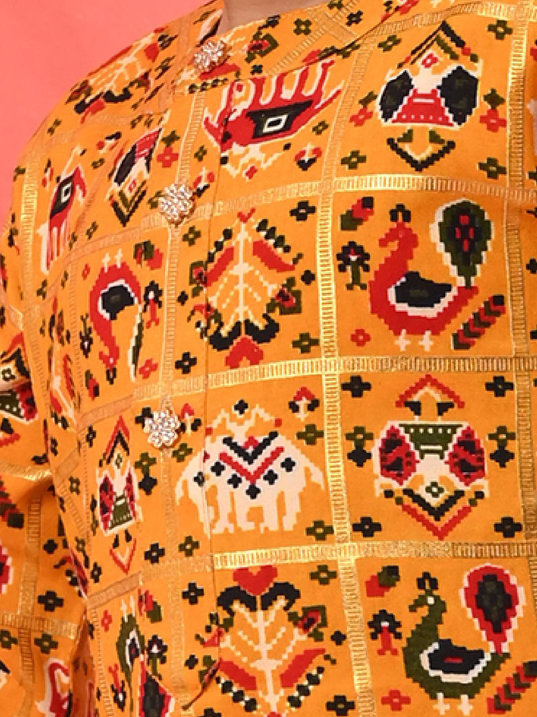 VASTRAMAY Boys Ethnic Motifs Patola Printed Band Collar Straight Kurta With Patiala
