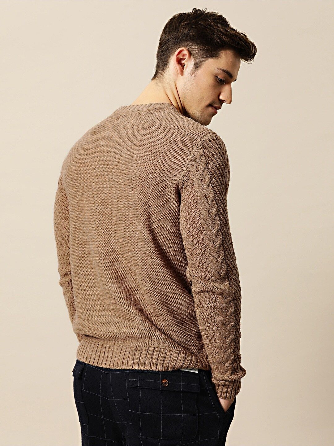 Mr Bowerbird Men Beige Self Design Pullover Sweater