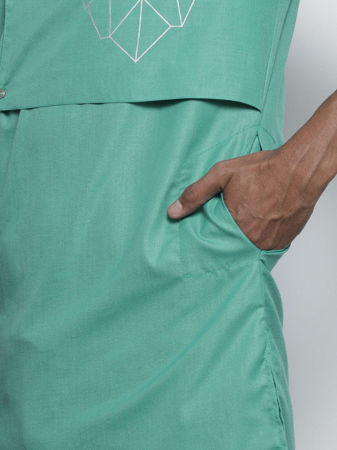 The Indian Garage Co Men Turquoise Blue Solid Angrakha Kurta with Printed Detailing