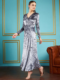 SASSAFRAS Grey V-Neck Velvet A-Line Dress