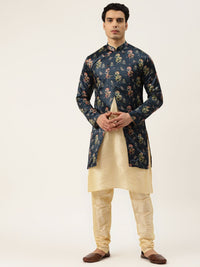 SOJANYA Men Cream-Coloured & Navy Blue Solid Kurta with Churidar & Jacket